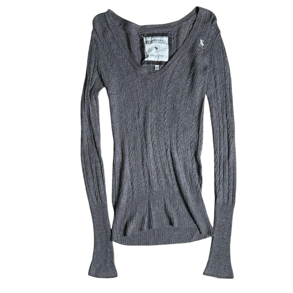 Abercrombie & Fitch Blouse Womens M Gray V-Neck Cable Knit Slim Pullover Angora